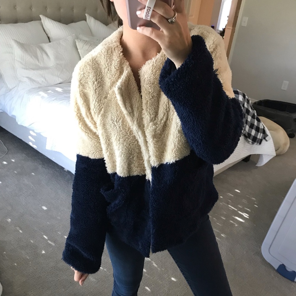 Cream & Navy Teddy Coat
